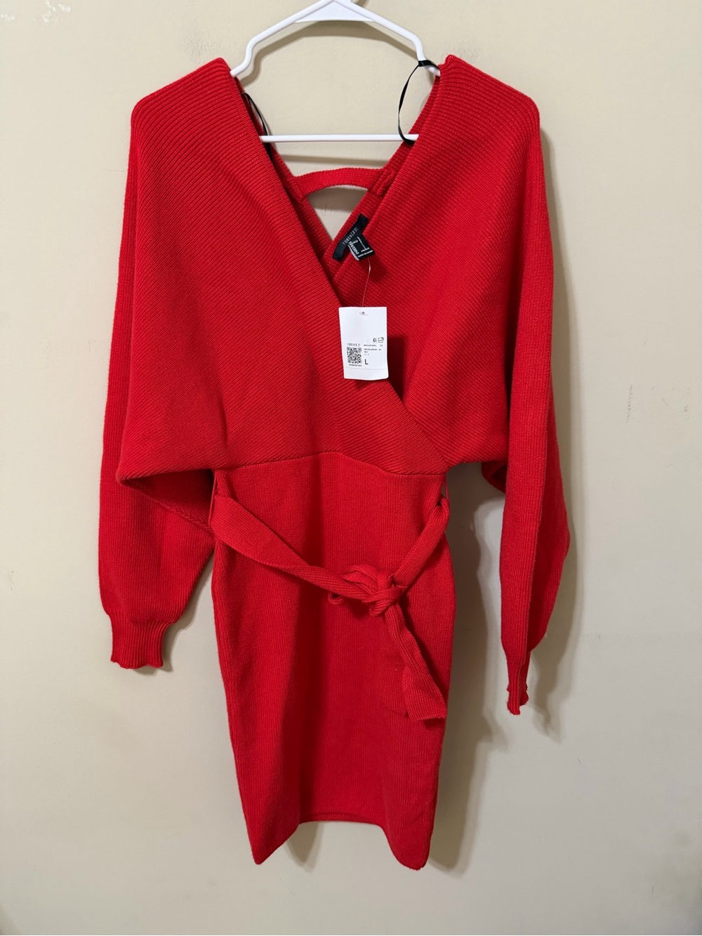 Forever 21 Red Long Sleeve V-Neck Belted Sweater Dress wrap front nwt bodycon